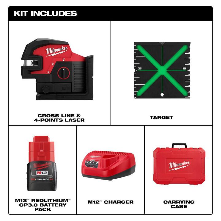 Milwaukee M12 Green Cross Line & 4 Points Laser Kit, large image number 2