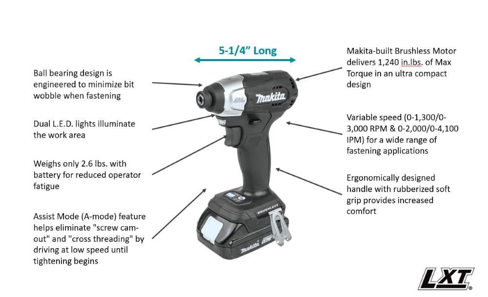 Makita 18V LXT Impact Driver Lithium Ion Sub Compact Brushless Cordless (Bare Tool) & ImpactX 100 pc. Driver Bit Set Bundle, large image number 2