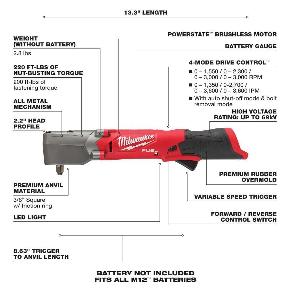 Milwaukee M12 FUEL 3/8 Inch Right Angle Impact Wrench and M12 REDLITHIUM XC5.0 Battery Bundle, large image number 4