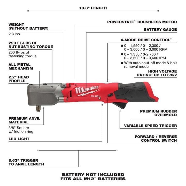 Milwaukee M12 FUEL 3/8 Inch Right Angle Impact Wrench and M12 REDLITHIUM XC5.0 Battery Bundle, large image number 3