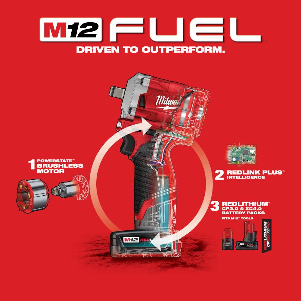 Milwaukee M12 FUEL Stubby 1 2 in. Impact Wrench Kit 2555 22 Acme Tools