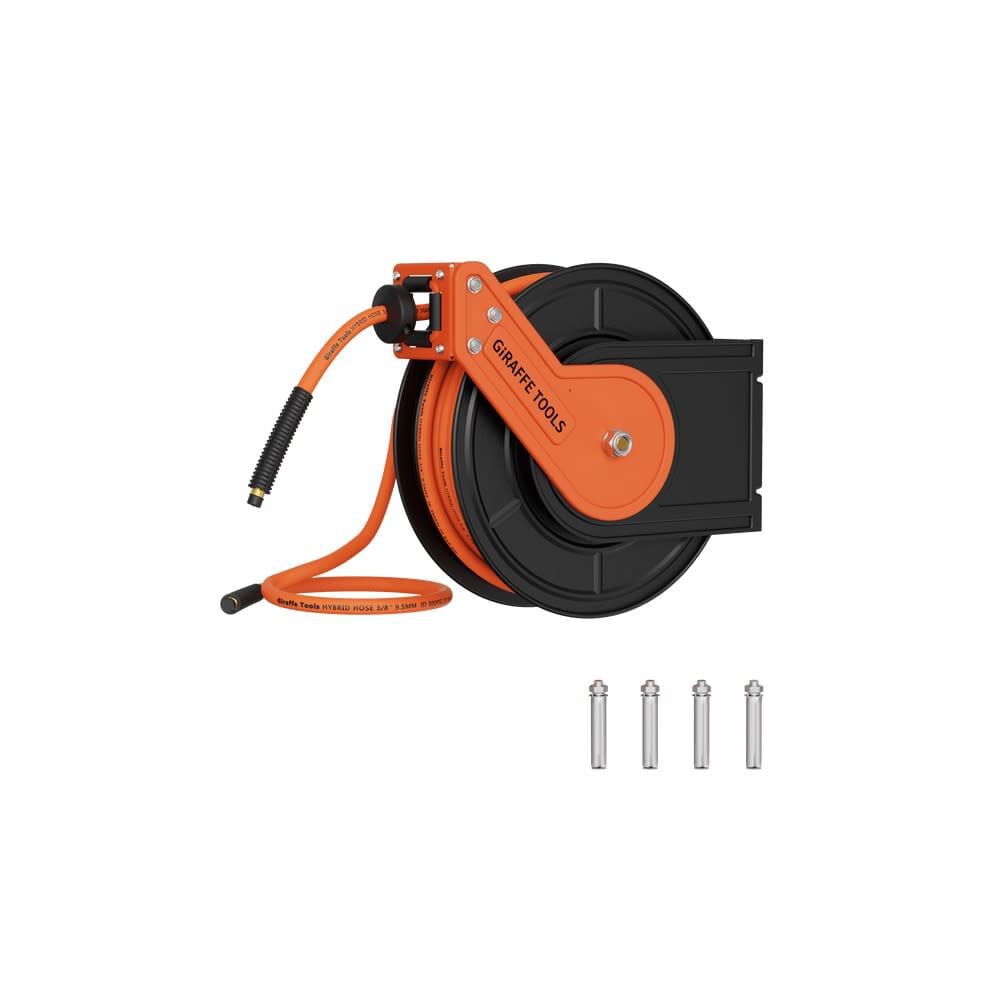 Giraffe Tools 3/8 Inch x 50 Foot Alloy Steel 300 Psi Retractable Air Hose Reel without Bracket – TA15BUS