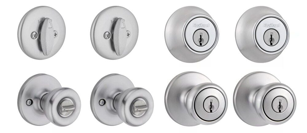 Kwikset Tylo 1-3/8 - 1-3/4 Inch Entry Knob and Deadbolt Set Satin Chrome 8 Pieces, large image number 1