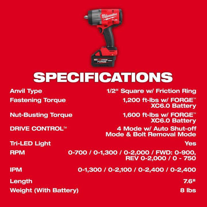Milwaukee M18 FUEL 1/2in High Torque Impact Wrench with Friction Ring REDLITHIUM FORGE Kit, large image number 7