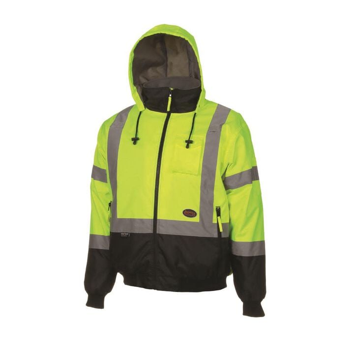 Pioneer High Visibility, Waterproof PU-Coated Oxford Polyester Safety Bomber Jacket with Detachable Hood, Reflective Tape, Yellow/Green, XL