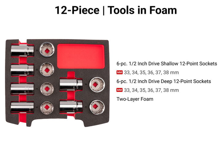 Tekton 1/2 Inch Shallow and Deep 12 Pieces Sockets, Drawer, 33-38 mm, 12 Pieces, large image number 2