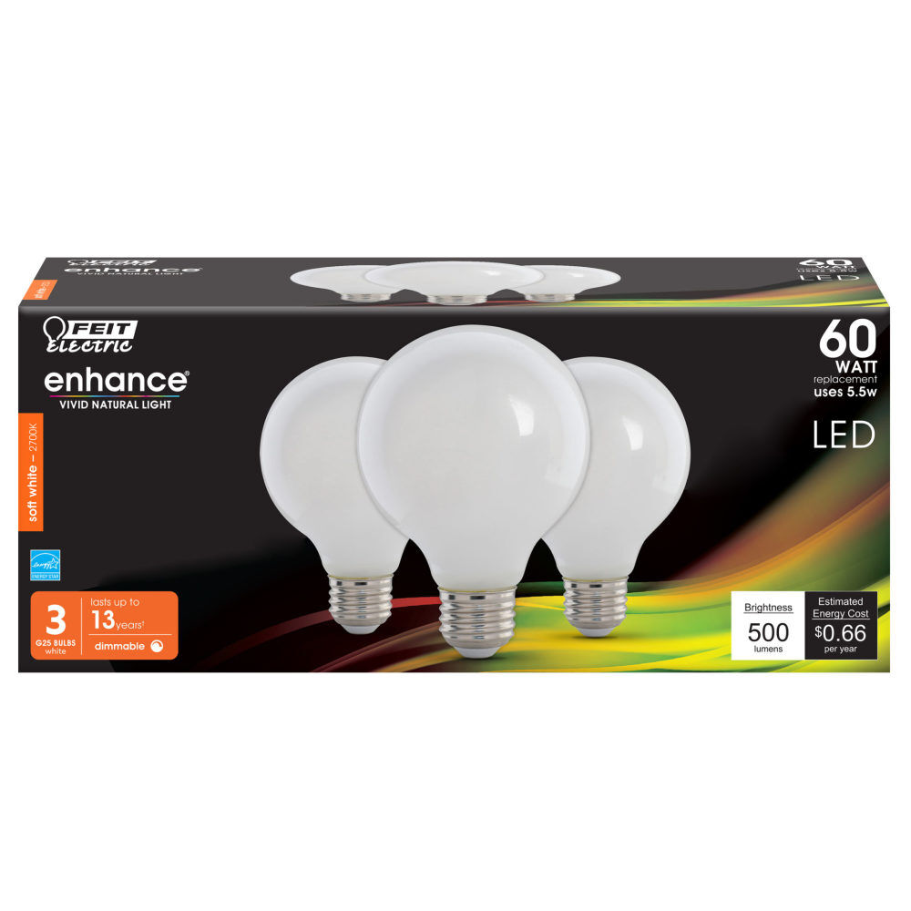 Feit Electric 60W G25 2700K Soft White Filament LED Bulb 3pk, large image number 2