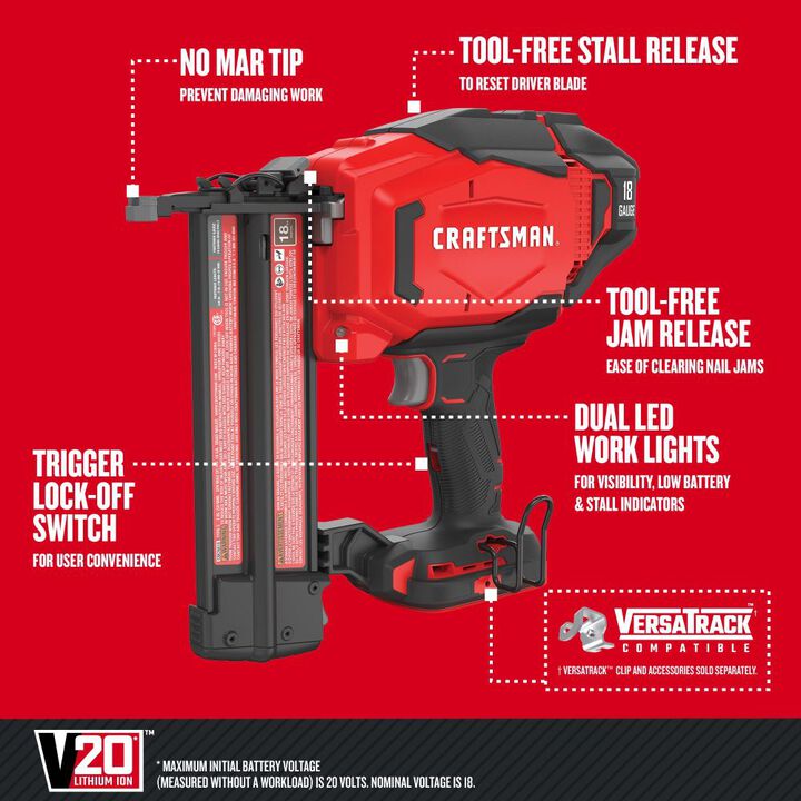 CRAFTSMAN V20* 18 Gauge Cordless Brad Nailer (Bare Tool), large image number 1