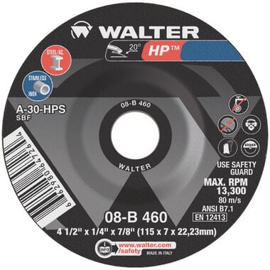 Walter High Performance Grinding Wheel, 4-1/2 x 1/4 x 7/8, 60 Grit, Type 27