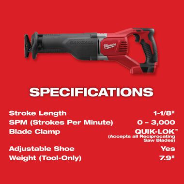 Milwaukee M18 SAWZALL Reciprocating Saw (Bare Tool), large image number 2
