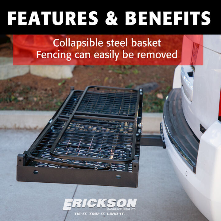 Erickson Mfg 500 lb Capacity Folding Steel Hitch Cargo Carrier, 60 Inch x 20 Inch x 18 Inch, for 2 Inch Receiver, large image number 1