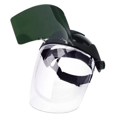 Sellstrom Multi-Purpose Single Crown Face Shield with Universal Slot Adapter Clear Polycarbonate Window Anti-Fog Coating Shade 5 UV/IR Flip Front Visor Black Crown