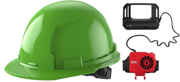 Milwaukee Green Front Brim Hard Hat with 6pt Ratcheting Suspension Type 1 Class E & BOLT USB Cooling Fan Bundle