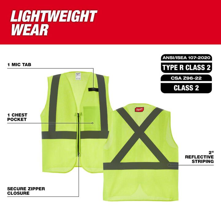 Milwaukee Class 2 High Visibility Yellow Mesh One Pocket Safety Vest - S/M (CSA), large image number 2