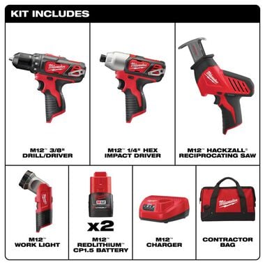 Milwaukee M12 Cordless Lithium-Ion 4 Tool Combo Kit, large image number 1