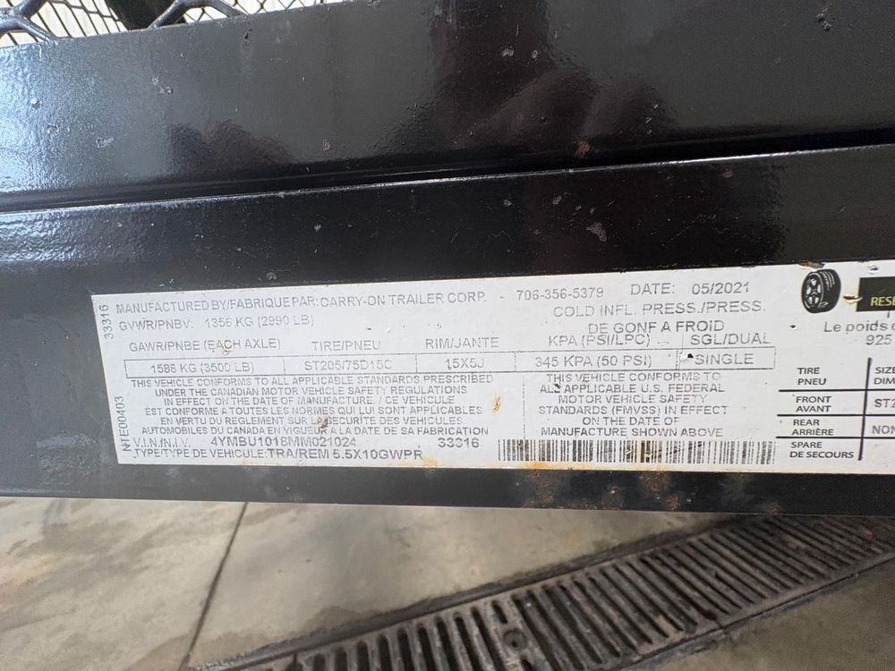 Carry-On GW 5 Ft x 8 Ft 2990 GVWR Utility Trailer - Used 2021, large image number 12