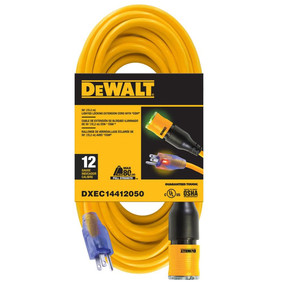 DEWALT Extension Cord Locking 50' 12/3 SJTW Yellow DXEC14412050 - Acme Tools