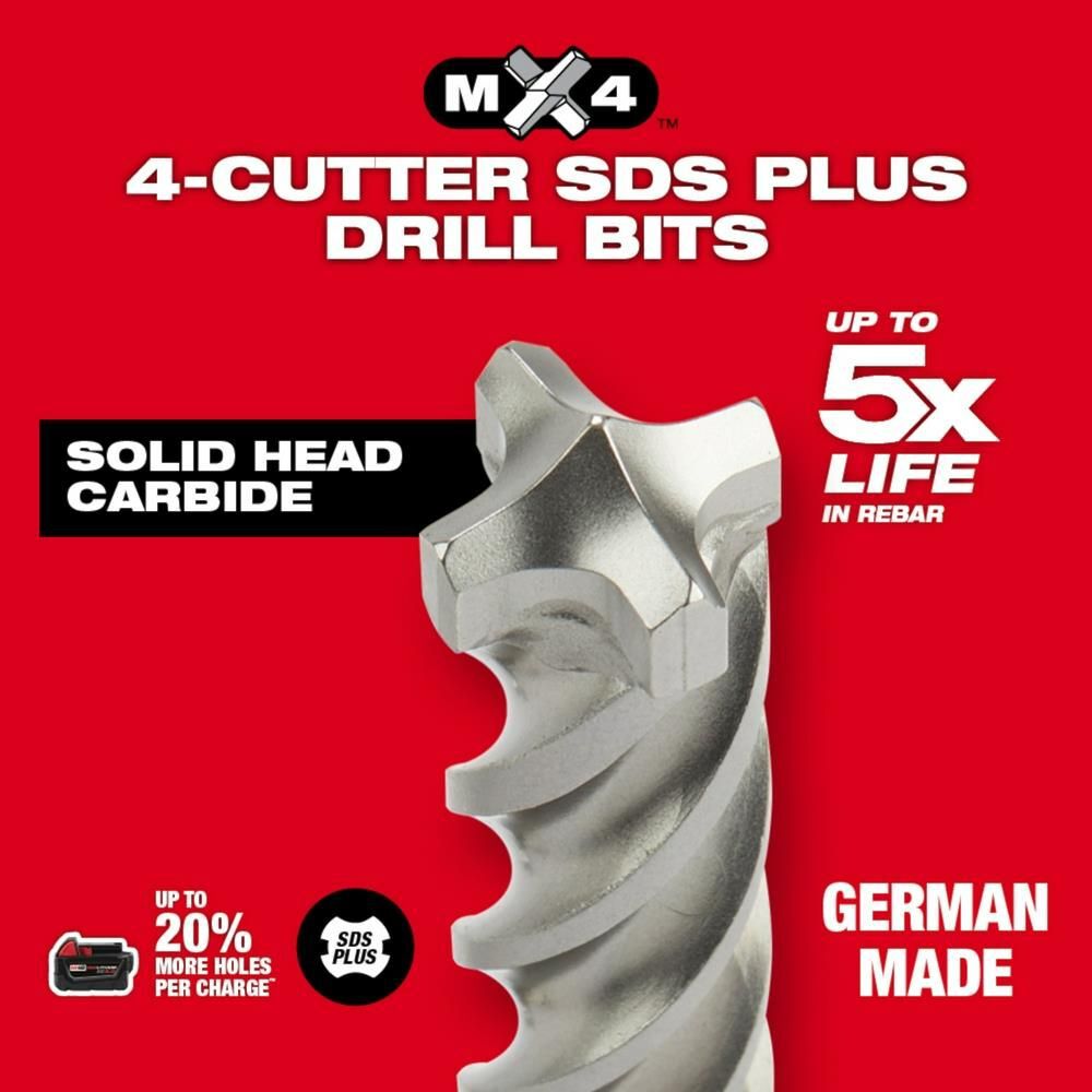 Milwaukee 5-Piece MX4 4-Cutter SDS-Plus Rotary Hammer-Drill Bit Kit, large image number 6