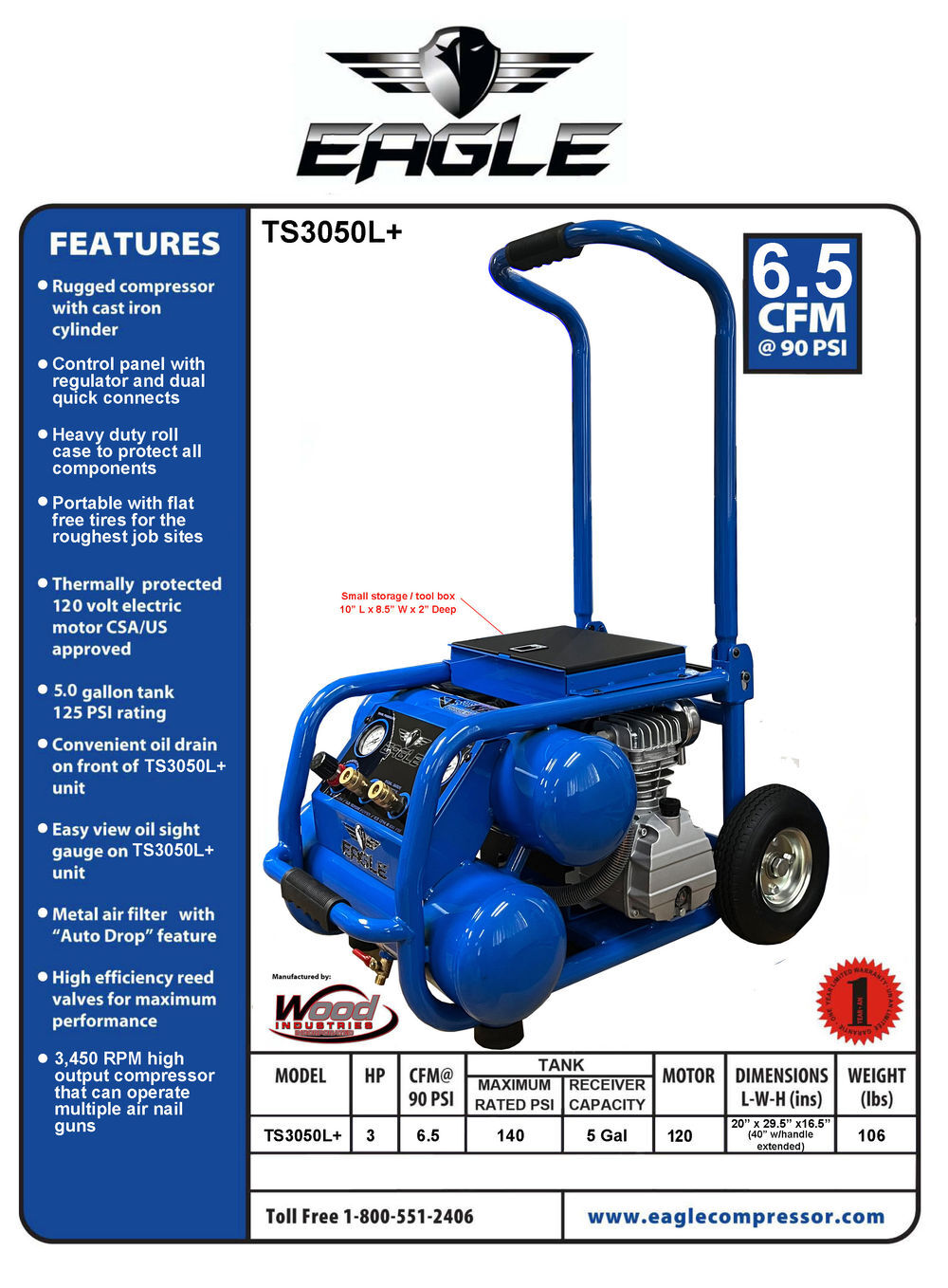 Eagle Compressor 3HP 5 Gallon Peak Twin Stack Air Compressor, large image number 2