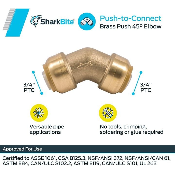 Sharkbite 3/4in x 3/4in Push to Connect Brass 45 Deg Elbow, large image number 4