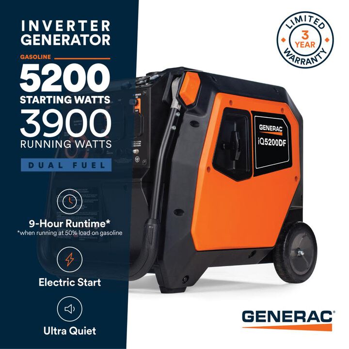 Generac IQ Series 5,200 Watt Dual Fuel 50-State Portable Inverter Generator with COsense Technology, large image number 1