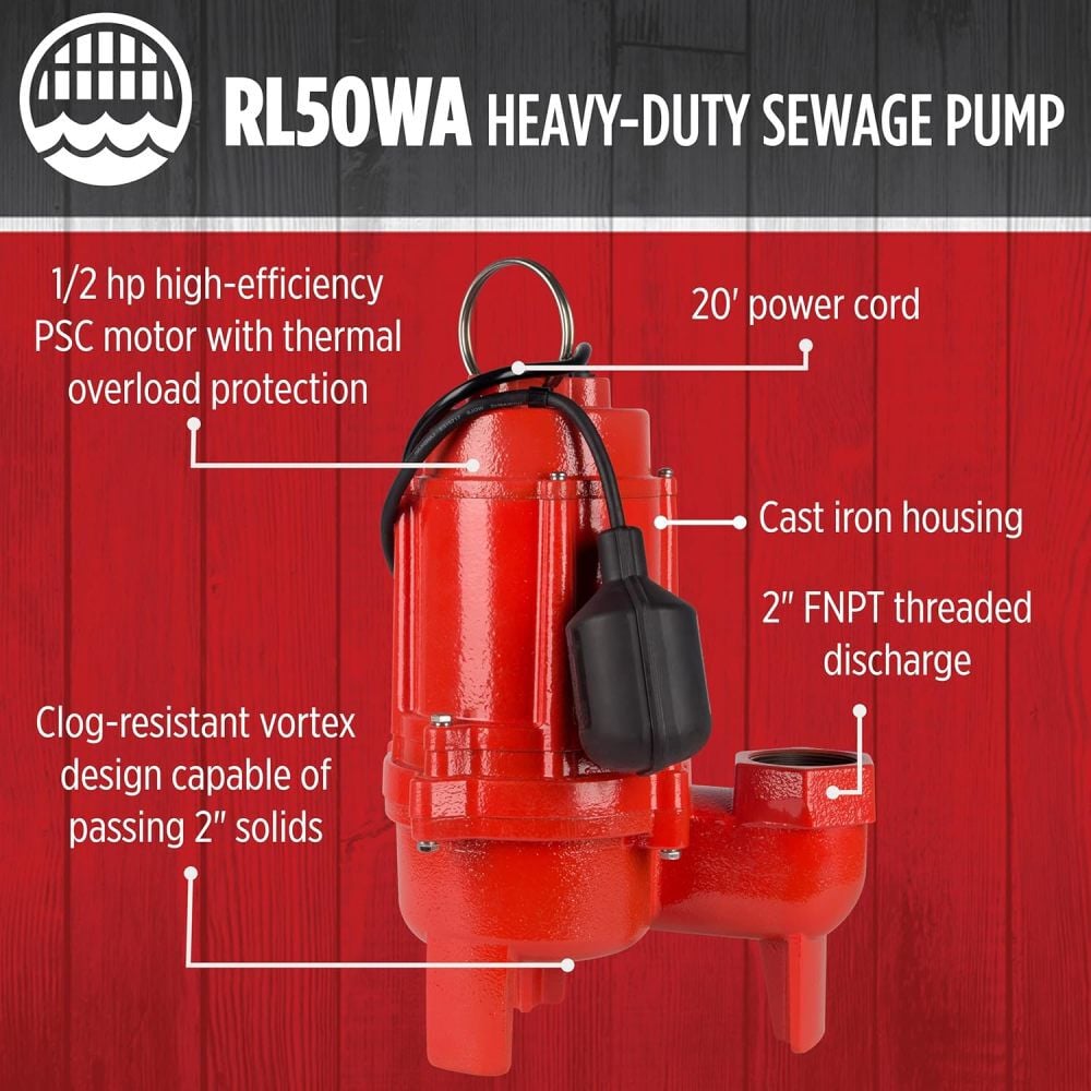 Red Lion 1/2HP 1200 GPH Sewage Pump with Tethered Float Switch, large image number 3
