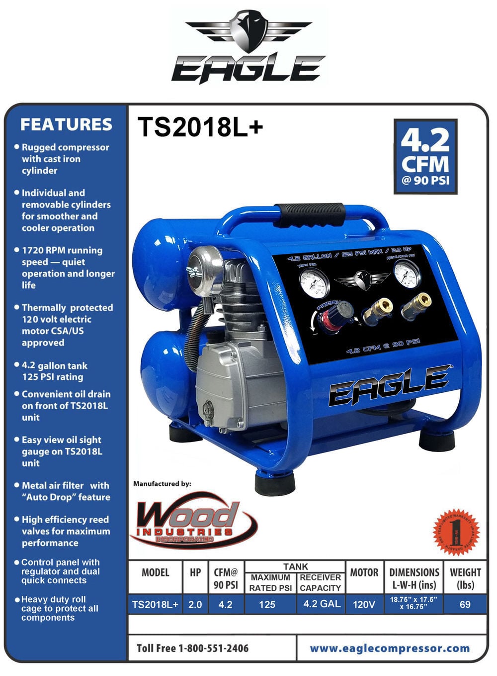 Eagle Compressor 2HP 4.2 Gallon Twin Stack Air Compressor, large image number 2