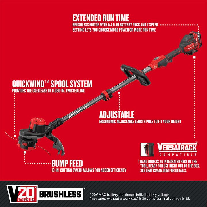 CRAFTSMAN V20 Brushless WEEDWACKER 13 Inch String Trimmer Kit, large image number 1
