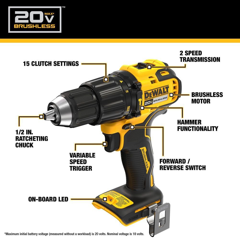 DEWALT 20V MAX Brushless Cordless 1/2in Hammer Drill (Bare Tool