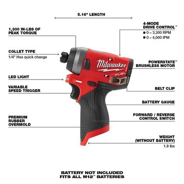 Milwaukee M12 FUEL 1/4 in. Hex Impact Driver (Bare Tool), large image number 6