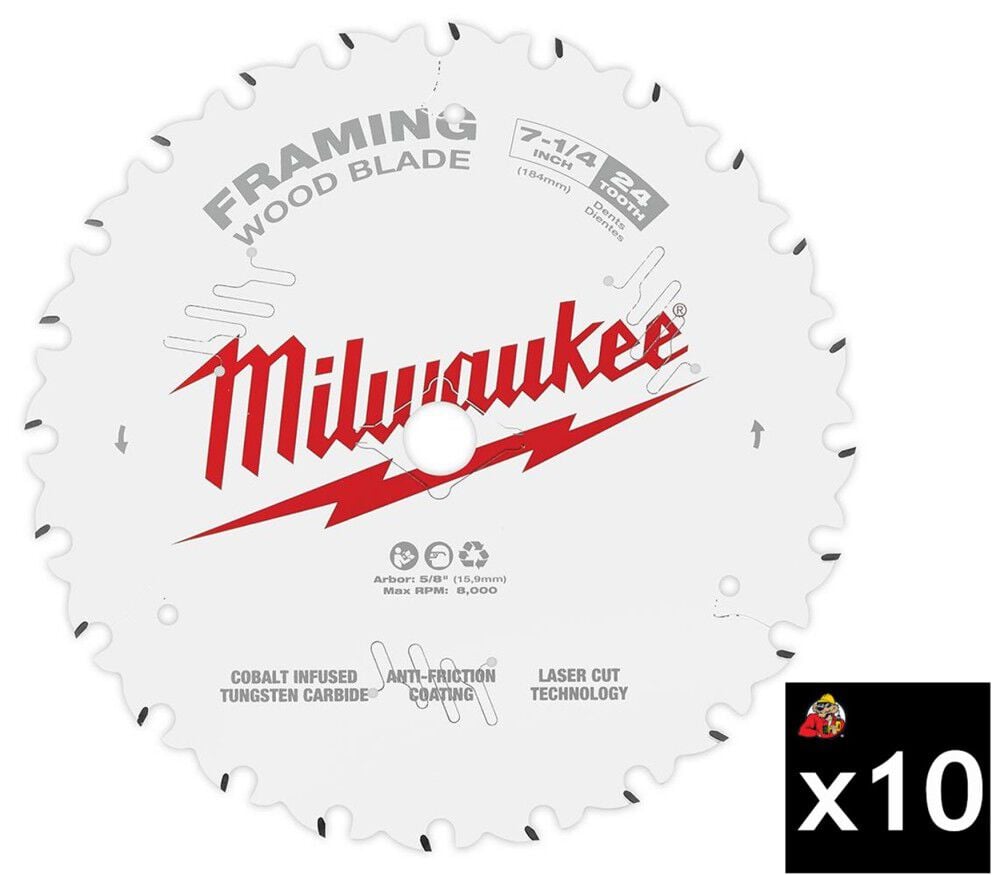 Milwaukee 7-1/4 Inch 24T Pack of 10 Framing Circular Saw Blades, large image number 1