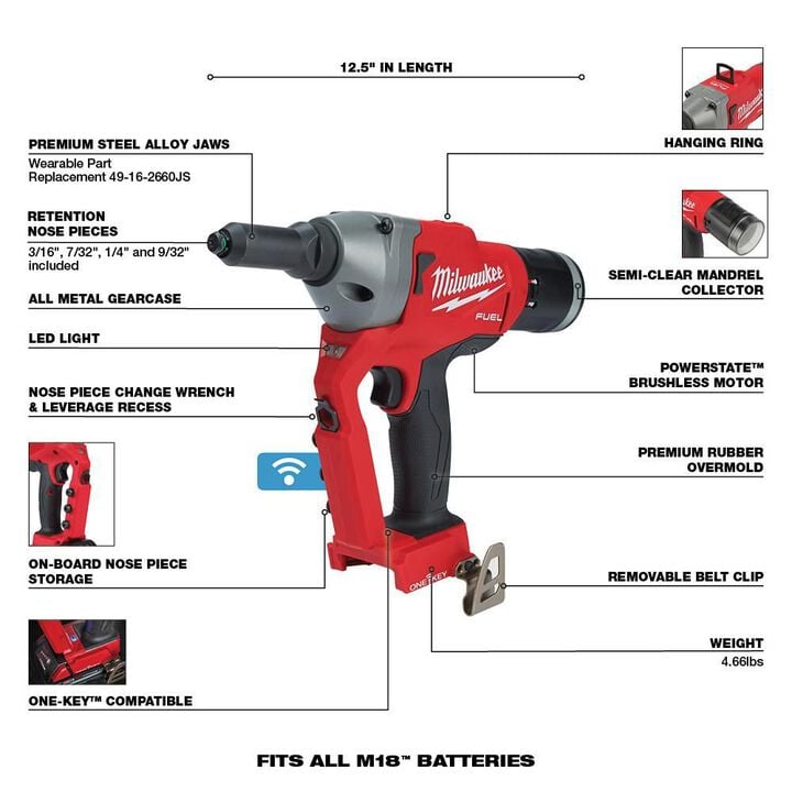 Milwaukee M18 FUEL 1/4inch Blind Rivet Tool with ONE KEY Reconditioned (Bare Tool), large image number 6