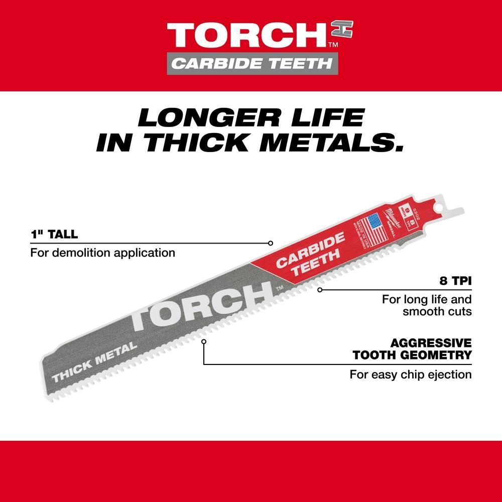 Milwaukee 9inch 8TPI The TORCH with Carbide Teeth SAWZALL Blade 3PK, large image number 6