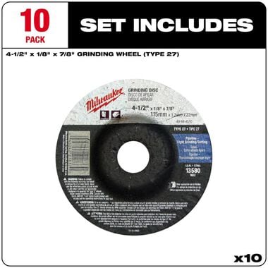 Milwaukee 4-1/2 in. x 1/8 in. x 7/8 in. Grinding Wheel (Type 27), large image number 2