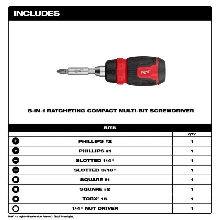 Milwaukee 8-in-1 Ratcheting Compact Multi-Bit Screwdriver, large image number 1