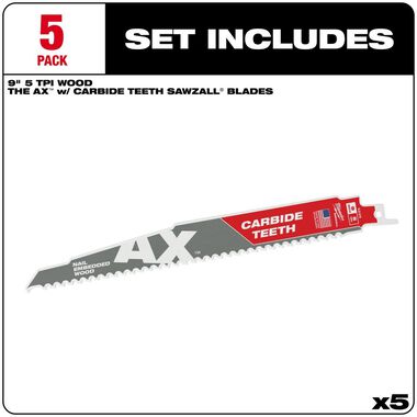 Milwaukee 9 in. 5 TPI The Ax Carbide Teeth SAWZALL Blades 5PK, large image number 1