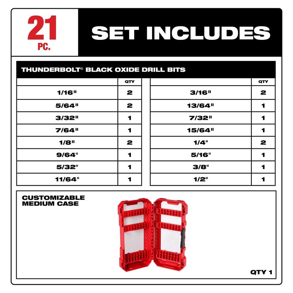 Milwaukee 21-Piece Thunderbolt Black Oxide Drill Bit Set 48