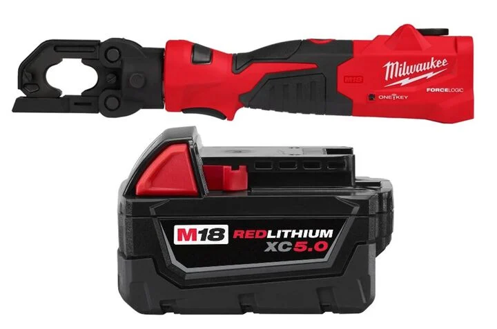 Milwaukee M18 FORCE LOGIC 6T Latched Linear Utility Crimper & M18 REDLITHIUM XC 18V 5Ah Battery Pack Bundle