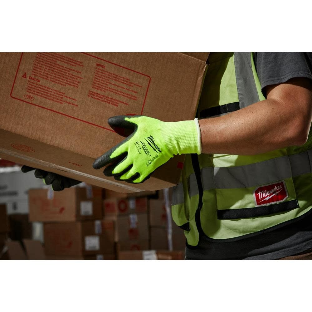 Milwaukee 12 Pair High Visibility Cut Level 1 Polyurethane Dipped Gloves Large