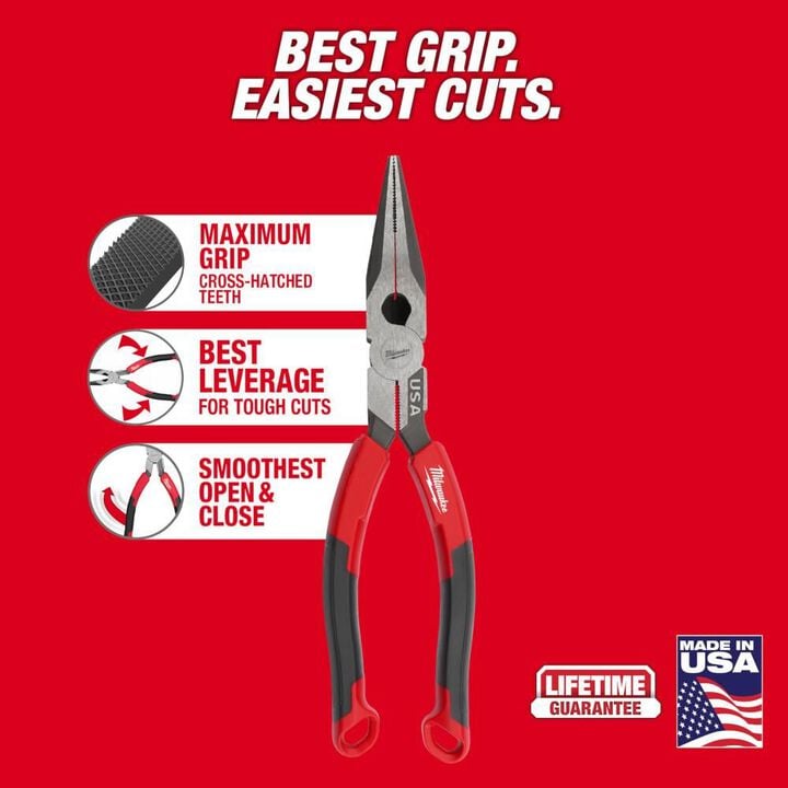 Milwaukee 8inch Long Nose Comfort Grip Pliers (USA), large image number 1