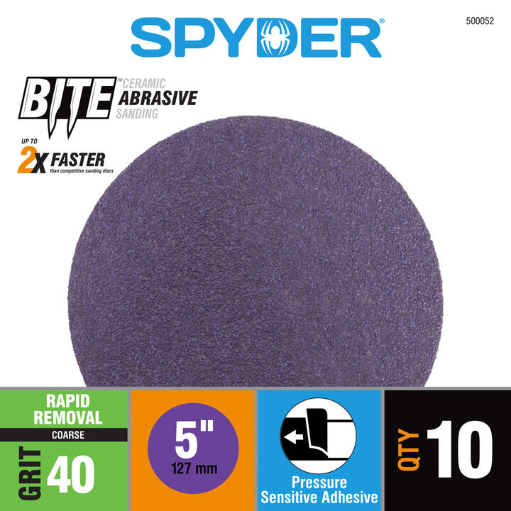 Spyder 40 Grit Ceramic Sanding Discs, 5 Inch Self Stick Adhesive PSA 10 Pieces, large image number 2