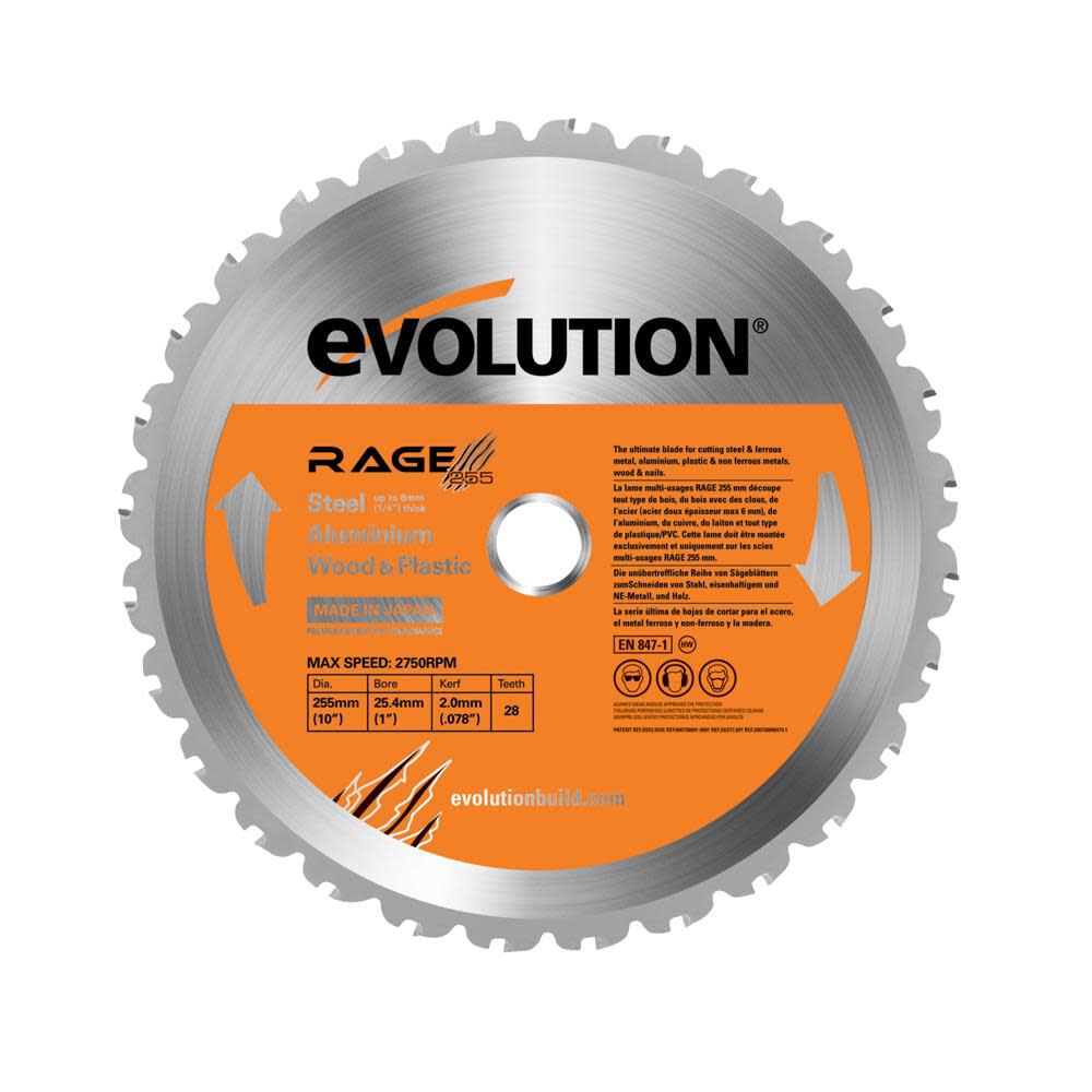Evolution Power Tools 10 In. Multipurpose Cutting Blade for Steel Aluminum  Wood and Plastics RAGE255BLADE - Acme Tools