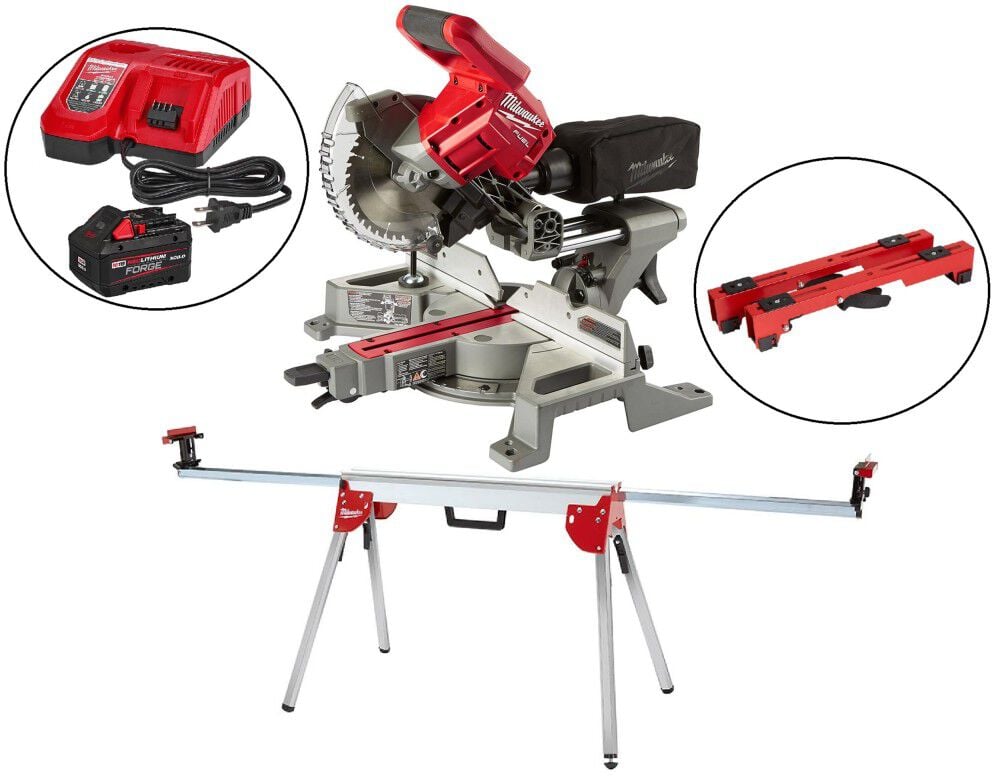 Milwaukee M18 FUEL 7-1/4 Inch Dual Bevel Sliding Compound Miter Saw, Folding Miter Saw Stand, Mounting Brackets, & XC8.0 Starter Kit – MIL000011543