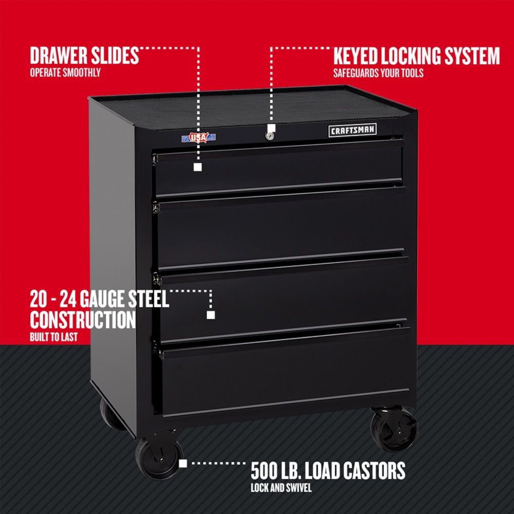 CRAFTSMAN 1000 Series 27 Inch Wide 4 Drawer Rolling Tool Cabinet, Black, large image number 10