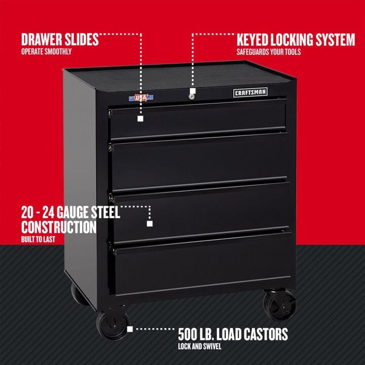 CRAFTSMAN 1000 Series 27 Inch Wide 4 Drawer Rolling Tool Cabinet, Black, large image number 9