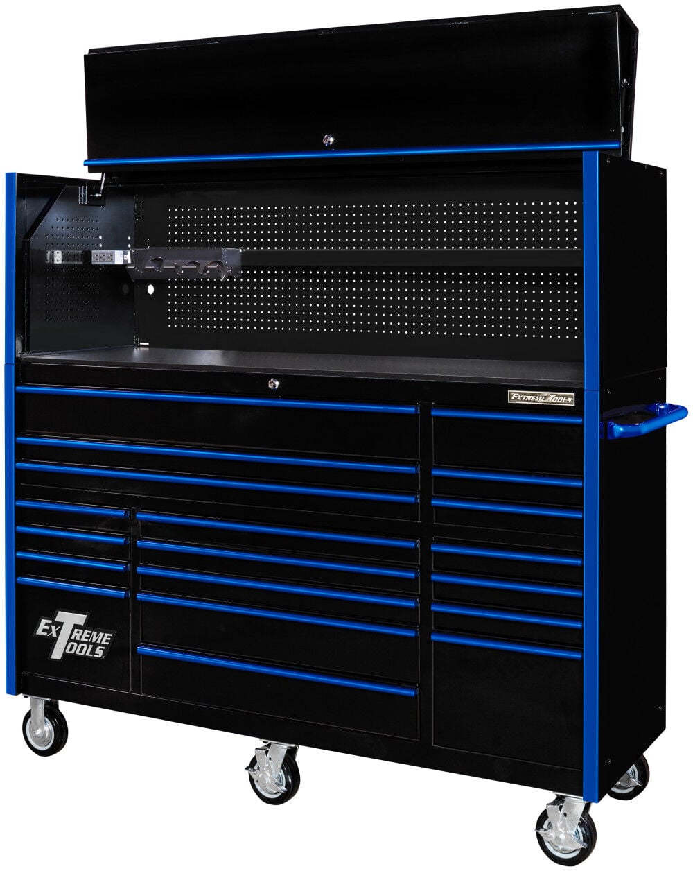 Extreme Tools RX Series 72 Inch W x 25 Inch D Professional Extreme Power Workstation Hutch & 19 Drawer Roller Cabinet 150 lbs Slides Combo Black with Blue Drawer Pulls, large image number 3