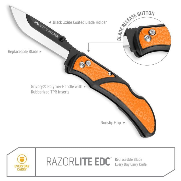 Outdoor Edge RazorLite EDC Folding Knife Orange 3in with 4 Blades, large image number 1