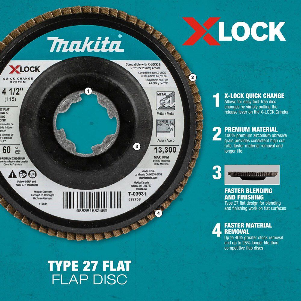 Makita X-LOCK 41/2in 40 Grit Type 27 Flat Blending and Finishing Flap Disc for X-LOCK and All 7/8in Arbor Grinders, large image number 5
