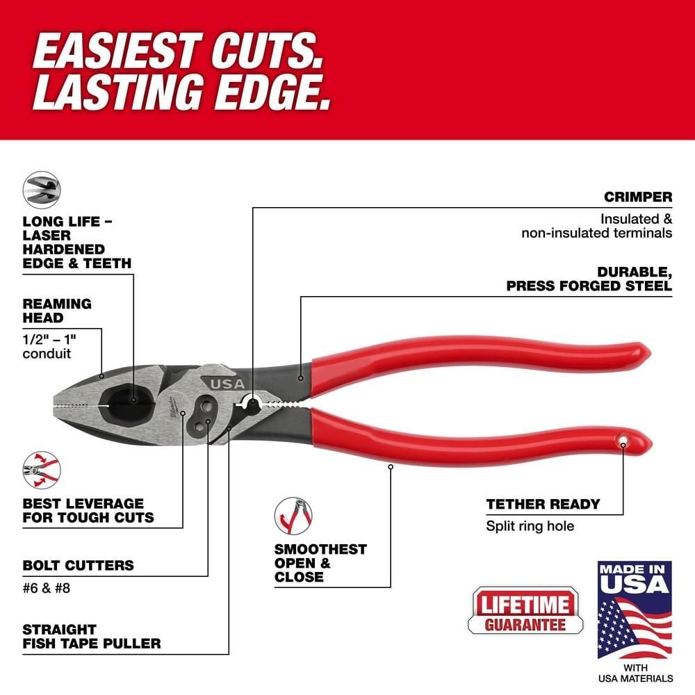 Milwaukee 9inch Linemans Dipped Grip Pliers with Crimper & Bolt Cutter (USA), large image number 3