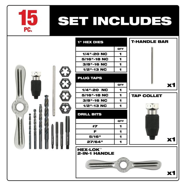 Milwaukee SAE Tap and Die 15pc Set with Hex-LOK 2-in-1 Handle, large image number 1